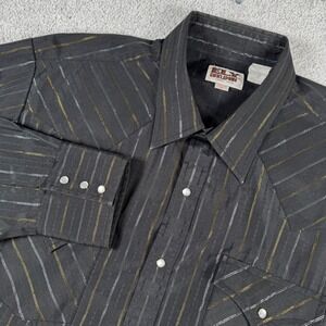 Ely Cattleman Mens XL Western Pearl Snap Shirt Black Gold Silver Metallic Stripe